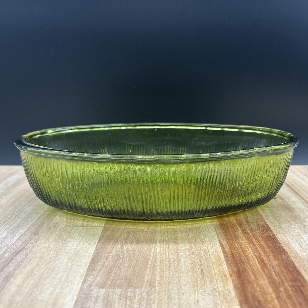 Green Oval Glass Bowl FTD 1975 Avocado 9.5" Ribbed Bark Grass MCM Vintage